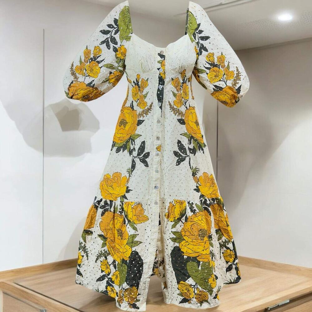 Farm Rio Floral Maxi Laise Quiet Garden Dress Puff Sleeve size Small NEW